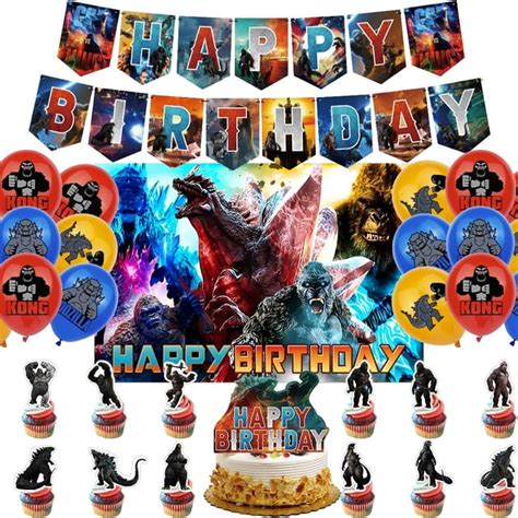 47 Pcs Godzilla Kids Birthday Party Supplies: Banner, Cake & Cupcake Toppers, Balloons ...