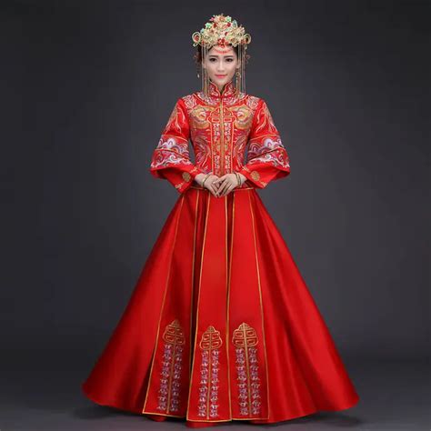 Red Chinese Wedding Dress Female Long Sleeve Cheongsam Gold Embroidery Phoenix Chinese ...