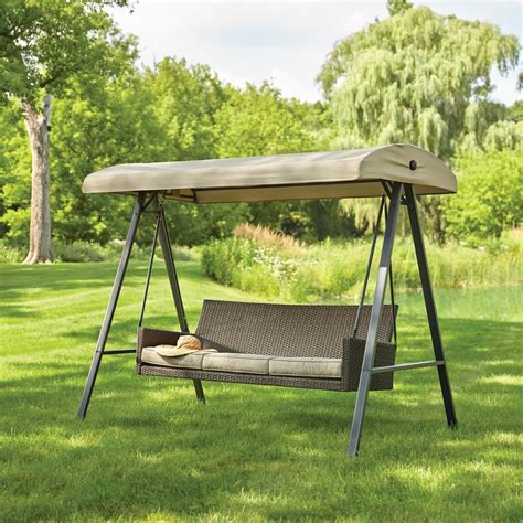 Hampton Bay Plaistow 3-Person All Weather Wicker Patio Swing with Canopy | Outdoor swing with ...