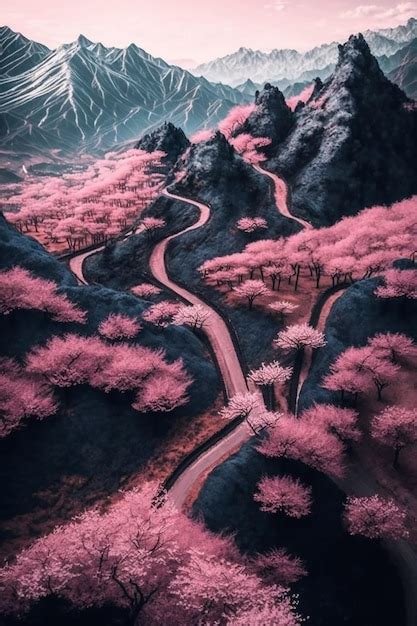 Premium Photo | A pink mountain landscape with a road and mountains with a pink tree on the left ...