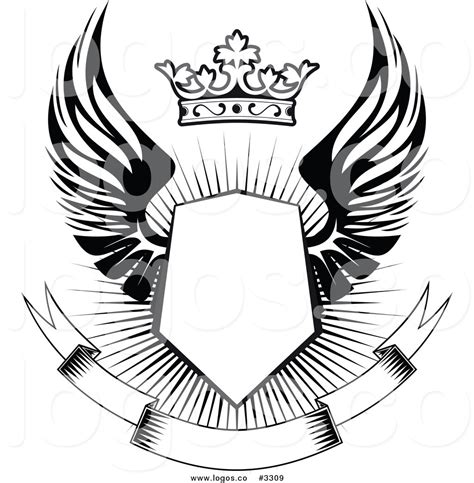 Royalty Free Vector of a Black and White Winged Shield with a Crown and Blank Banner Logo by ...