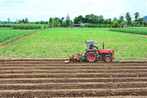 Farmer in Tractor Plowing Land with Red Tractor for Agriculture Stock Photo - Image of dust ...