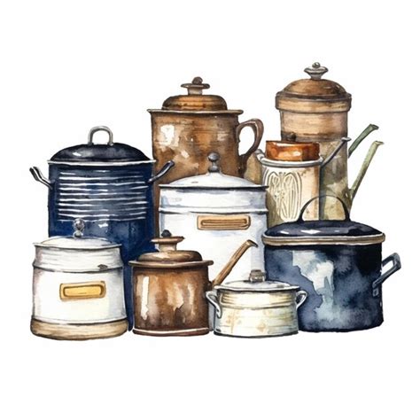 Premium AI Image | There are many pots and pans that are painted in watercolor generative ai