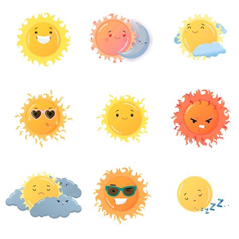 Premium Vector | Sun emoji stickers set isolated on white background