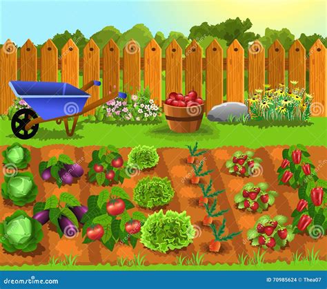 Cartoon Garden With Fruits And Vegetables Vector Illustration | CartoonDealer.com #70985624