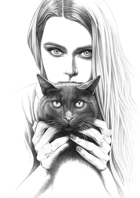 Lady with displeased black cat Drawing by Mollie Morrissette | Saatchi Art