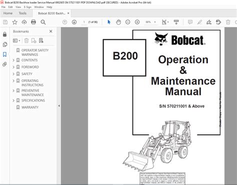 Bobcat B200 Backhoe loader Operation & Maintenance Manual SN 570211001 PDF DOWNLOAD ...