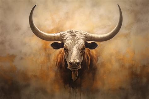 Premium AI Image | Painting of a bull with horns on a wall in a room generative ai