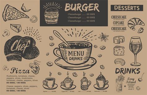 Restaurant menu, template design.. Food flyer. Hand-drawn style. Vector ...