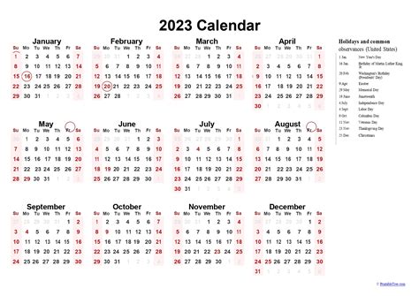 Printable Calendar 2023 One Page with Holidays (Single Page) 2023 Yearly Blank PDF Templates