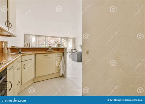 A White Kitchen with Wooden Counter Tops and a Sink Stock Image - Image ...