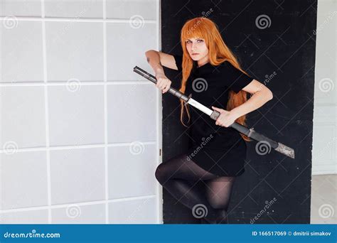 Woman Anime with Red Hair with Japanese Samurai Sword Stock Image - Image of ninja, female ...