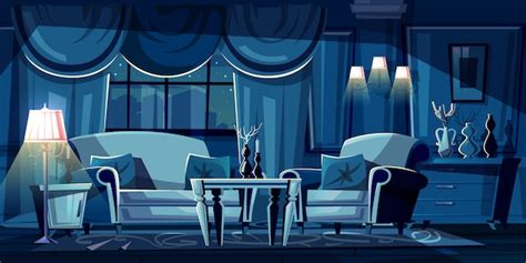 Free Vector | Cartoon illustration of dark living room at night. modern interior with sofa, armchair