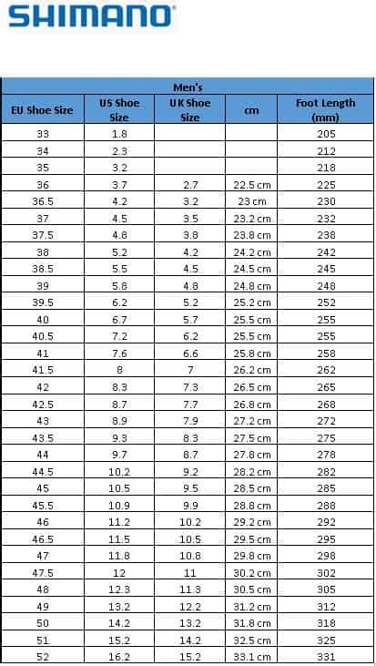 Shimano Cycling Shoes Size Chart (for both Men & Women)