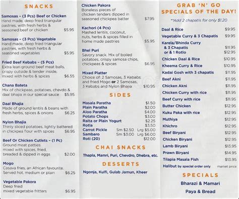 Menu at Kilimanjaro Snack House & Catering restaurant, Vancouver