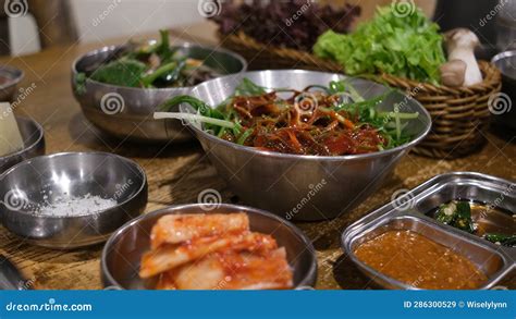 Side Dishes at Korean BBQ Restaurant for BBQ Meat Stock Image - Image ...