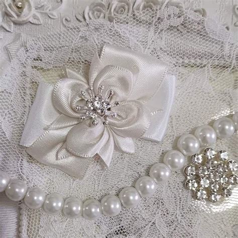 Handmade Satin Ribbon Bow With Rhinestone in Autique White and - Etsy