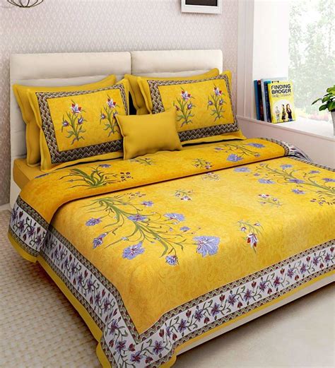 Flower Plant Design Yellow Cotton King Size Double Bed Sheet with 2 Pillow Cover - KRishai - 2931926