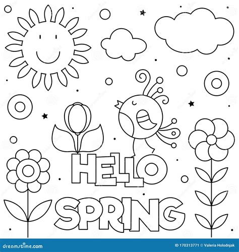 Hello Spring. Coloring Page. Black and White Vector Illustration. Stock Vector - Illustration of ...