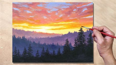 Acrylic Painting Sunset Forest Mountain Landscape / Painting Tutorial #33 - Yo… | Sunset ...