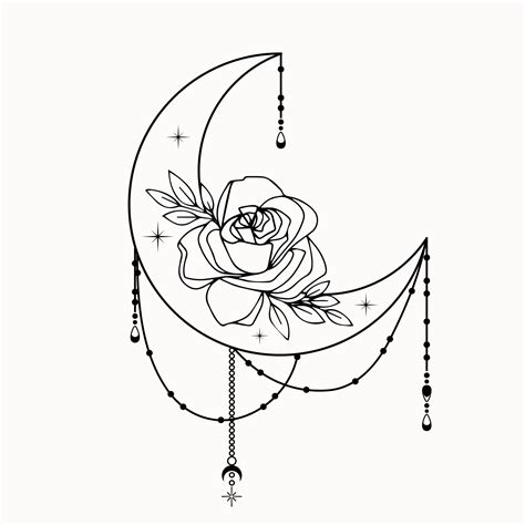 Line art of mystical decorative crescent moon with stars and rose 5201171 Vector Art at Vecteezy