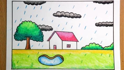 Rainy season drawing | Rain drawing | Rainy scenery drawing | Rainy day ...