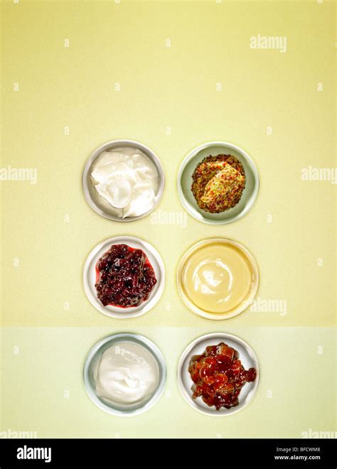 Condiments used on sandwiches, mayonnaise, French mustard, cranberry sauce, English mustard ...