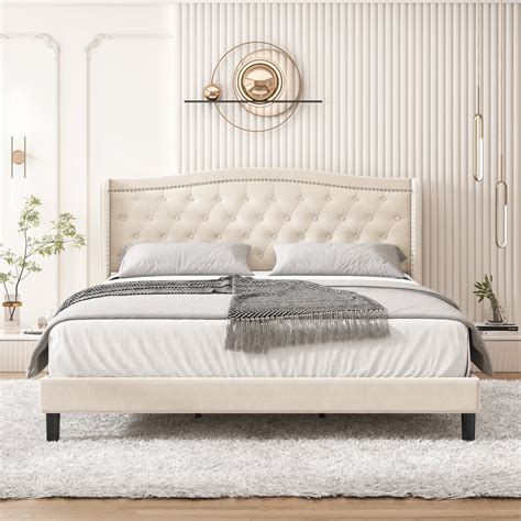 Homfa King Size Platform Bed Frame with Modern Wing-Back Button Tufted Upholstered Headboard ...