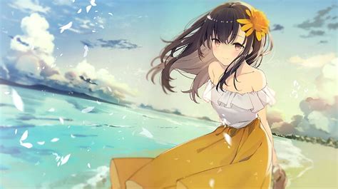 1920x1080px, 1080P Descarga gratis | Anime, niña, playa, cabello castaño, nube, cabello largo ...