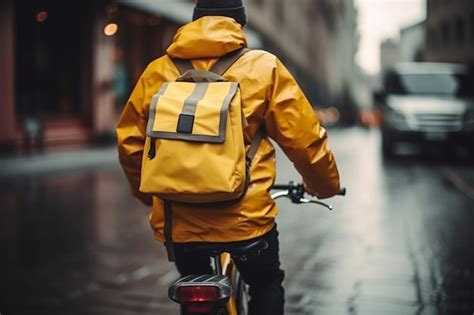 Premium AI Image | Unrecognizable Courier Delivering Food In Yellow Backpack Riding Bike Outside