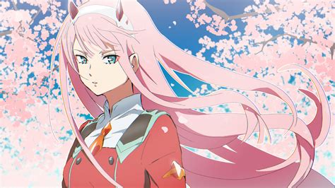 darling in the franxx zero two with pink hair with background of pink flowers and blue sky hd ...