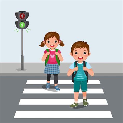 Premium Vector | School kids with backpack walking crossing road near pedestrian traffic light ...