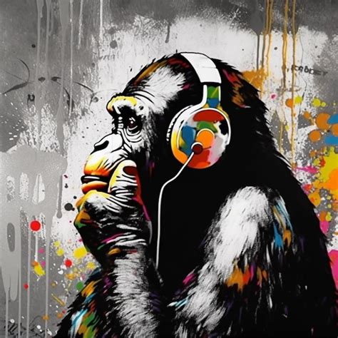 Premium AI Image | A painting of a monkey with headphones on