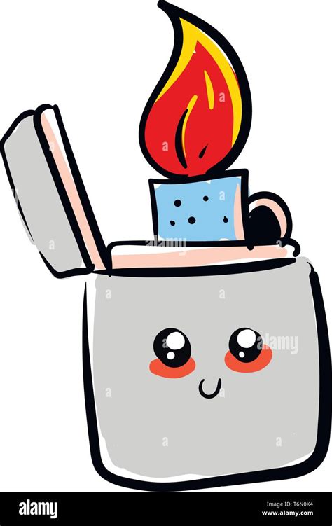 A cute grey lighter with two eyes giving a red hot flame vector color drawing or illustration ...