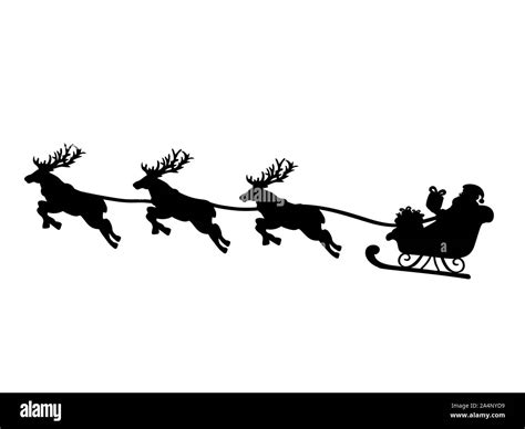 Silhouette Santa in sleigh and flying reindeers. Symbol Happy Merry Christmas. Vector ...