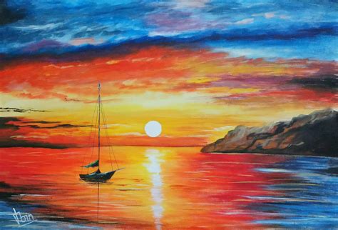 Buy Shiny red sky sunset Handmade Painting by MD MOIN. Code:ART_5868_34249 - Paintings for Sale ...