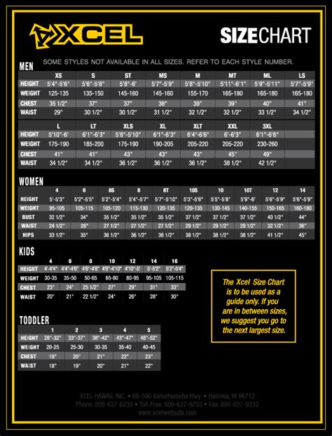 XCel Wetsuits Size Chart | WETSUIT MEGASTORE