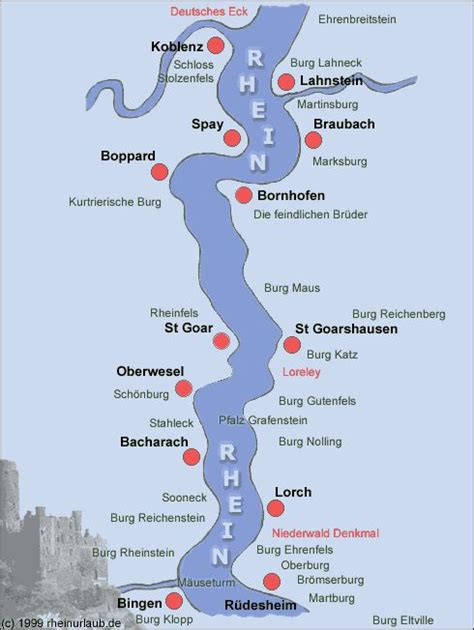 Rhine River Valley map with Rhine Castles between Koblenz, Lahnstein ...