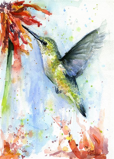 Hummingbird And Red Flower Watercolor Painting by Olga Shvartsur