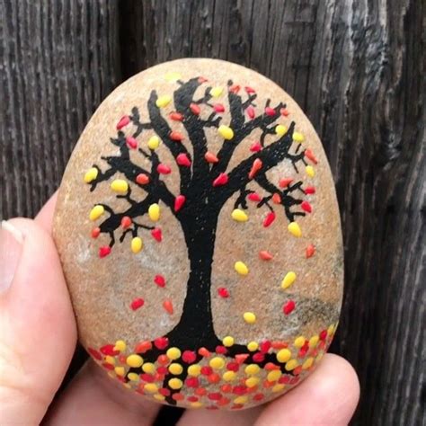 Fall Rock Painting Tutorial: Autumn Tree with Falling Leaves | Painted ...