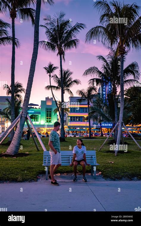 Miami Beach, colorful Art Deco District at night Miami Florida Stock ...