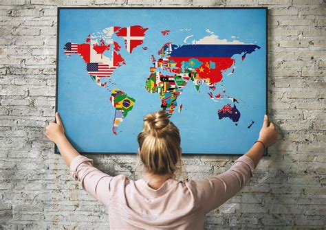 World Map of Flags Country Map Poster Educational Art Kid's Room National Flags Map Art Gift for ...