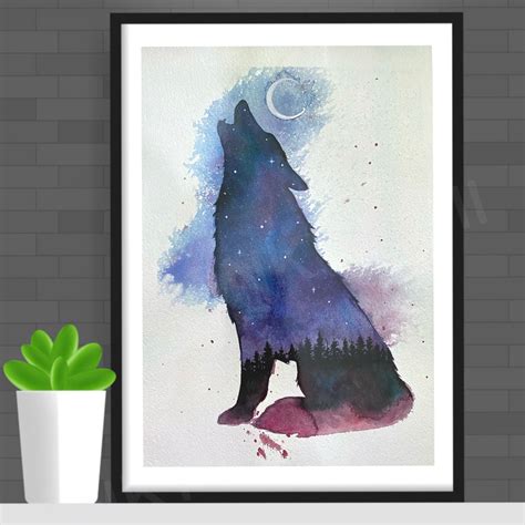 Galaxy Wolf Painting. A4. Watercolour. Night sky. Wolf print. | Etsy