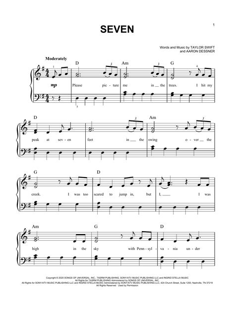 seven by Taylor Swift Sheet Music for Easy Piano at Sheet Music Direct