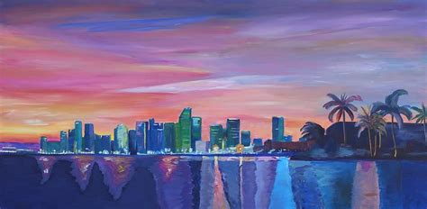 Miami Skyline Silhouette at Sunset in Florida by M Bleichner | Painting ...