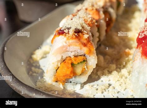 Sushi roll with tempura flakes at Bamboo Sushi restaurant in San Ramon, California, January 23 ...