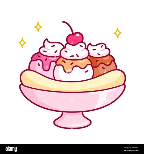 Cute cartoon banana split drawing. Frozen dessert with ice cream, syrup ...