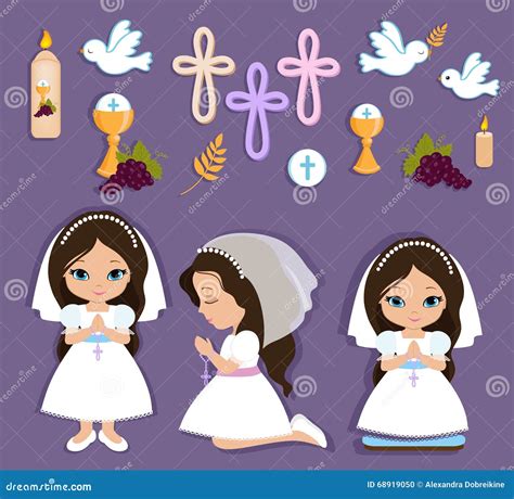 Set Of Design Elements For First Communion For Girls Stock Vector - Illustration of crucifix ...