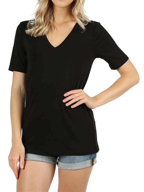 Zenana - Women Casual V-Neck Short Sleeve Basic Jersey T-Shirt Tops Slim Fit (Black, L ...