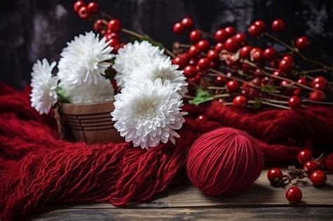 Premium AI Image | A martisor of flowers with wool pompoms on a rustic wooden background